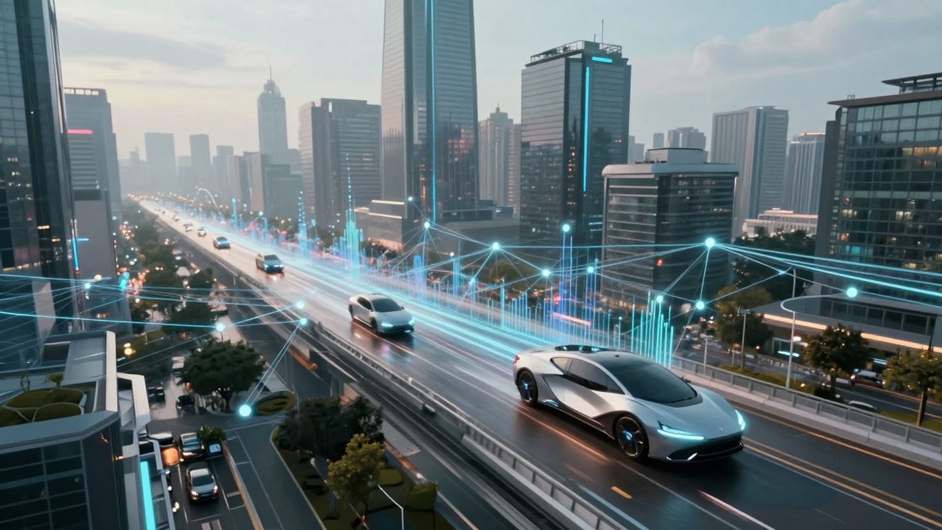Futuristic cityscape with glowing data streams and advanced vehicles.