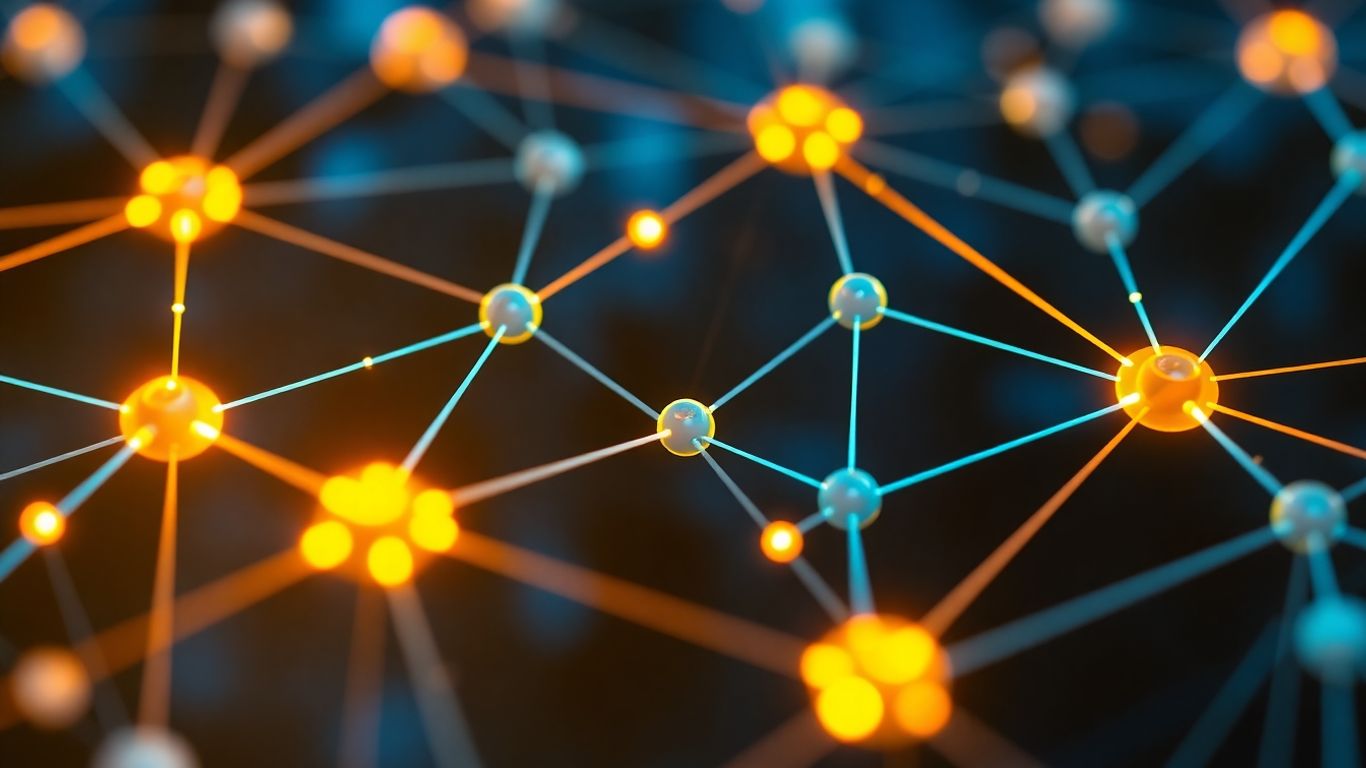 Digital network with glowing nodes and connecting lines.
