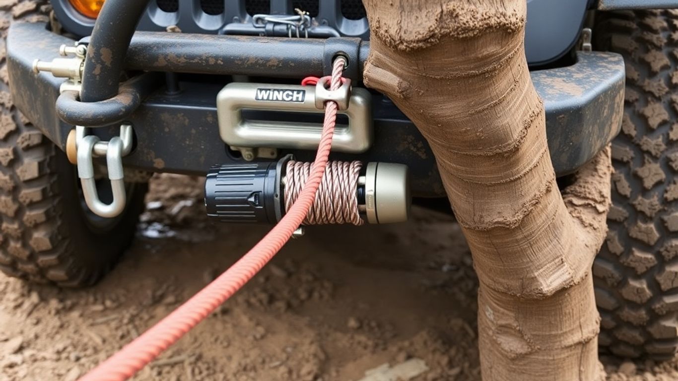 Vehicle winching cable attached to anchor point.