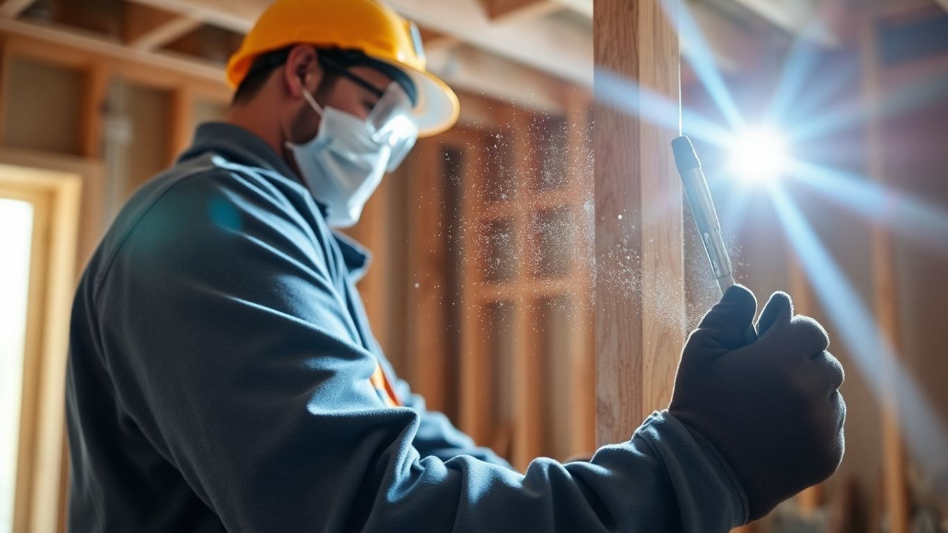 Worker with tool near wall stud, dust in air.