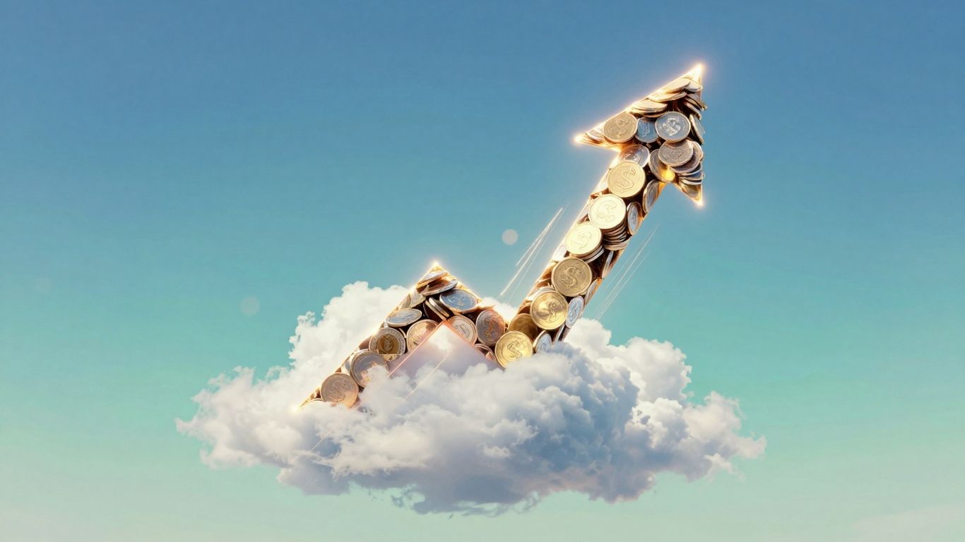 Upward arrow with coins and light trails