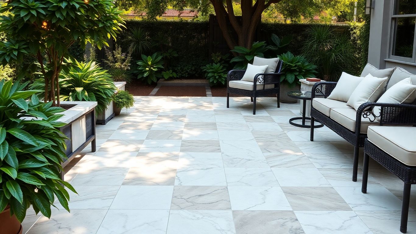 Checkerboard marble and travertine patio with garden view