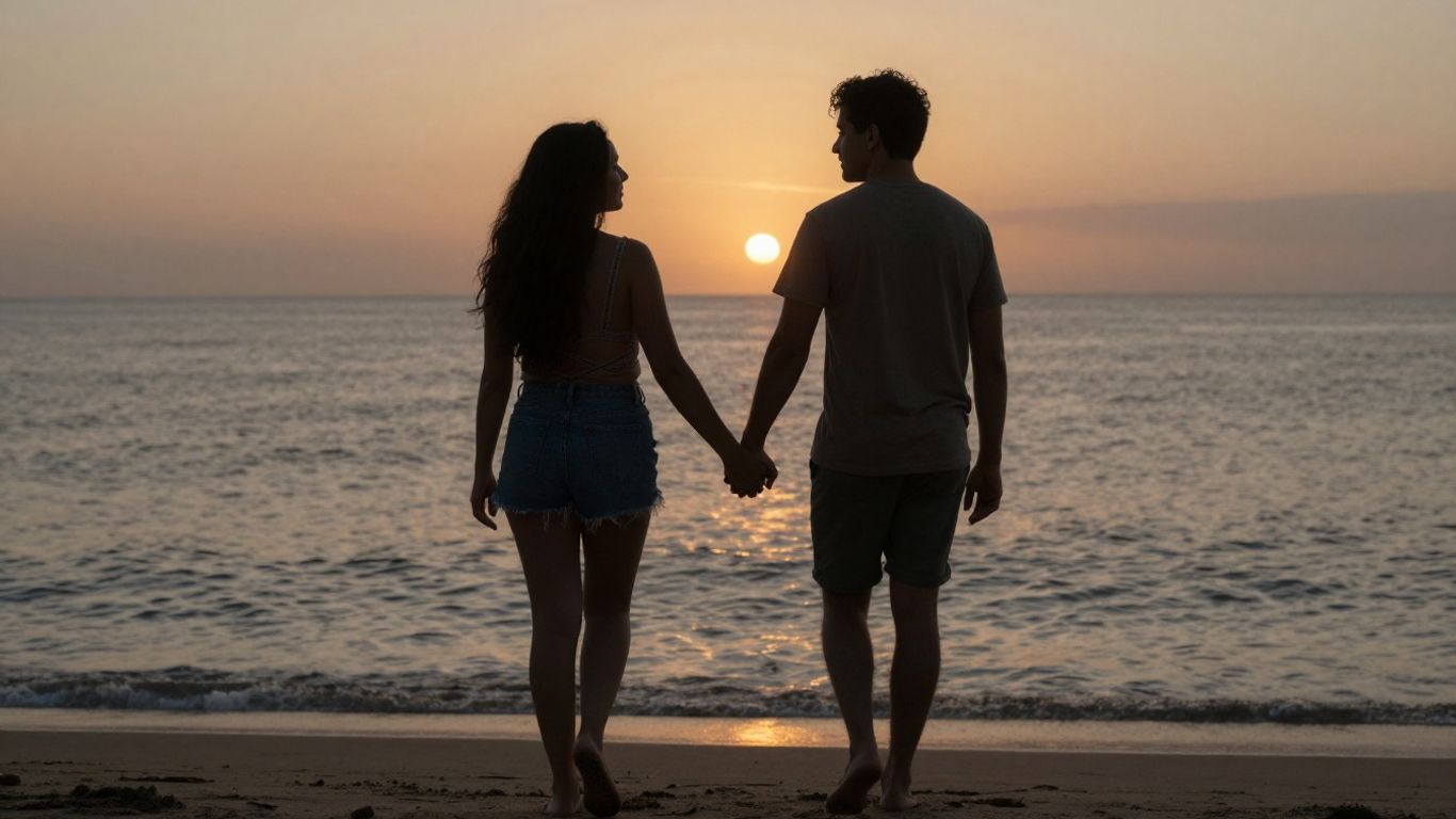 Casal de mãos dadas na praia ao pôr do sol.