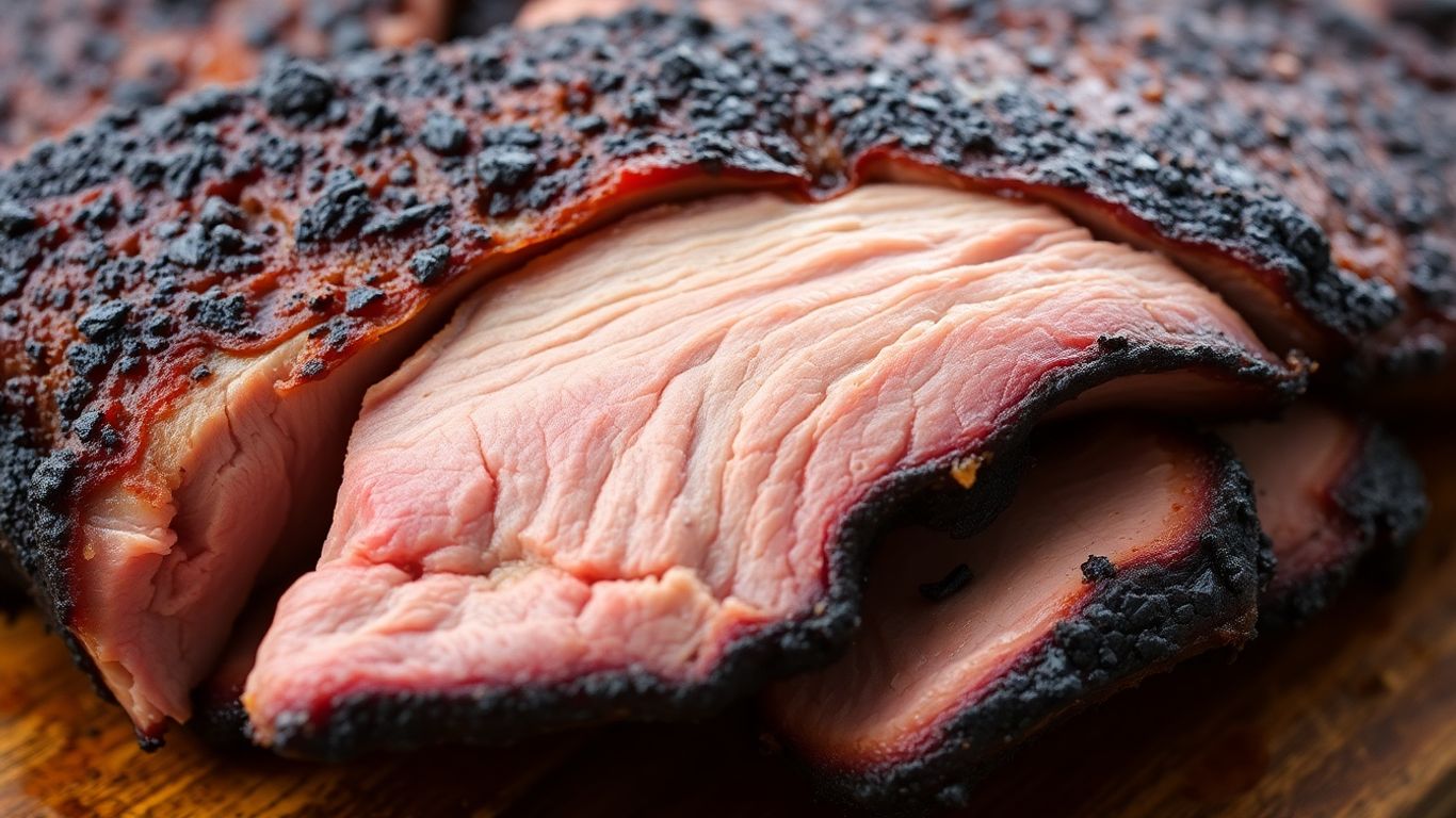 Juicy sliced Texas-style brisket with a dark smoky bark.