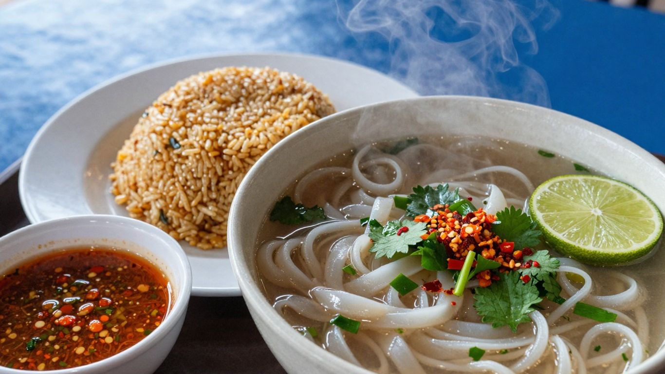 Authentic Laotian breakfast spread with noodle soup and sticky rice.