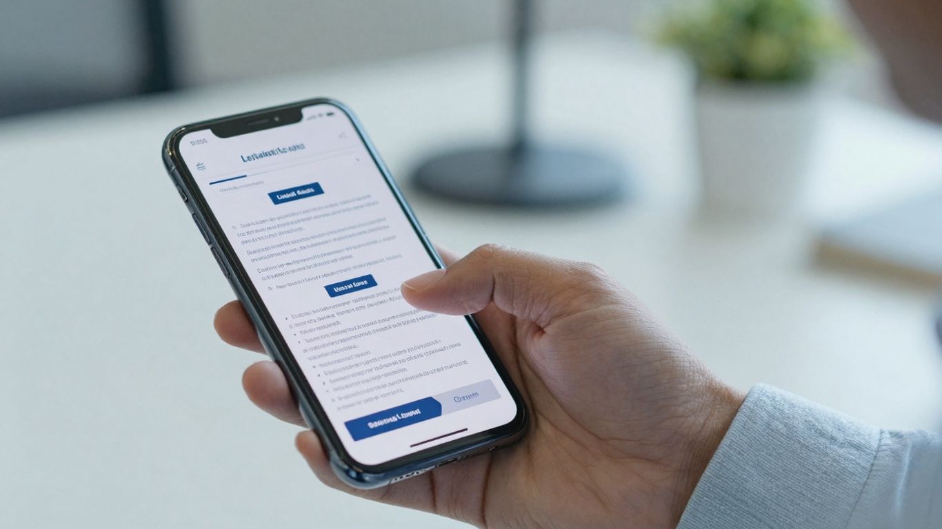 Mains tenant un smartphone affichant les mentions légales