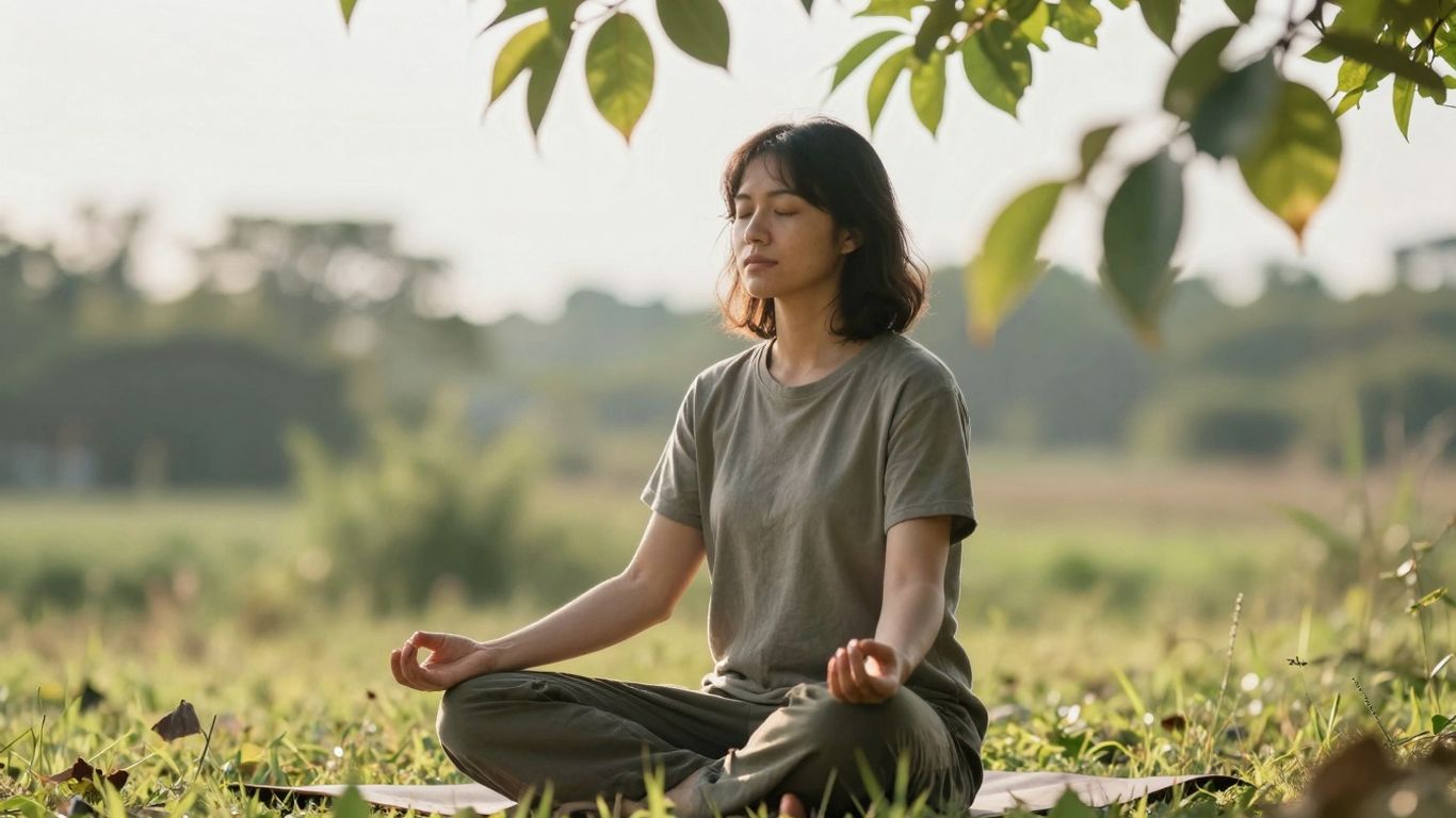 Person meditiert im Freien, umgeben von Natur.