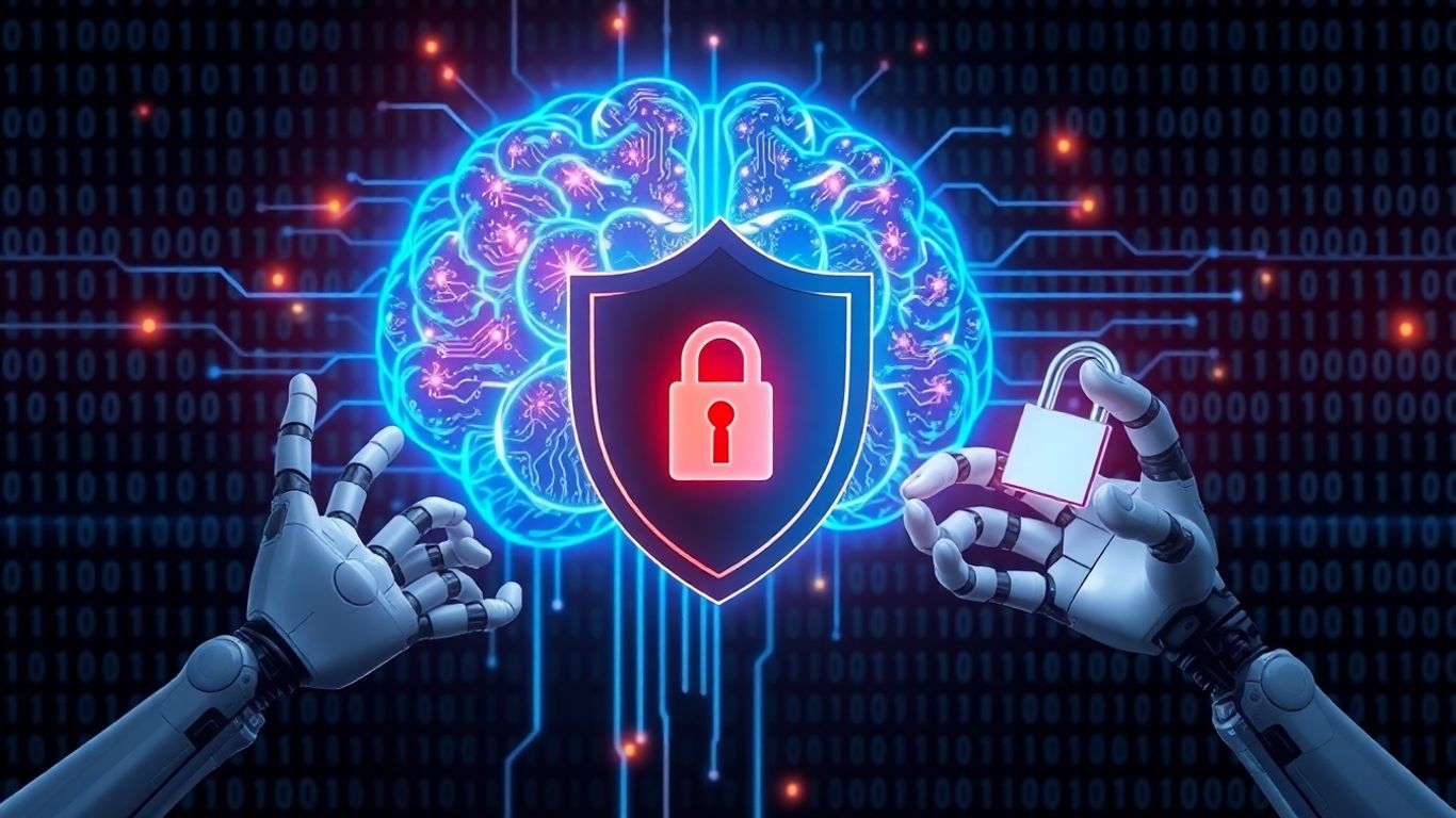 AI and cybersecurity shield with robotic hands