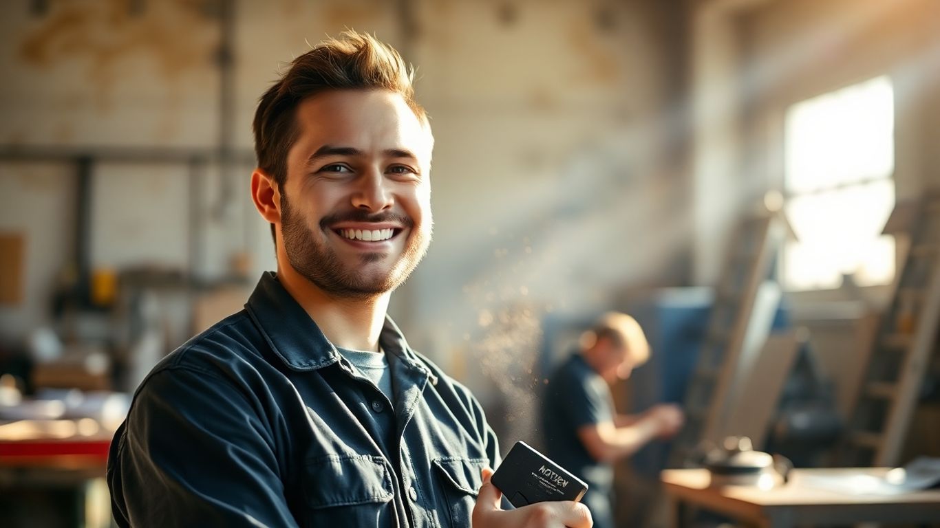 Person in work uniform smiling, holding a tool.