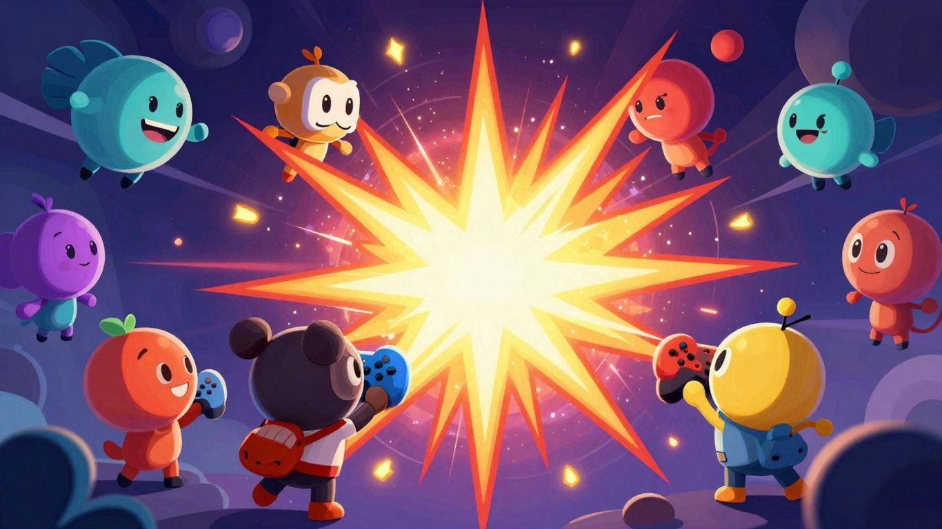 Colorful game elements and characters for unblocked games.