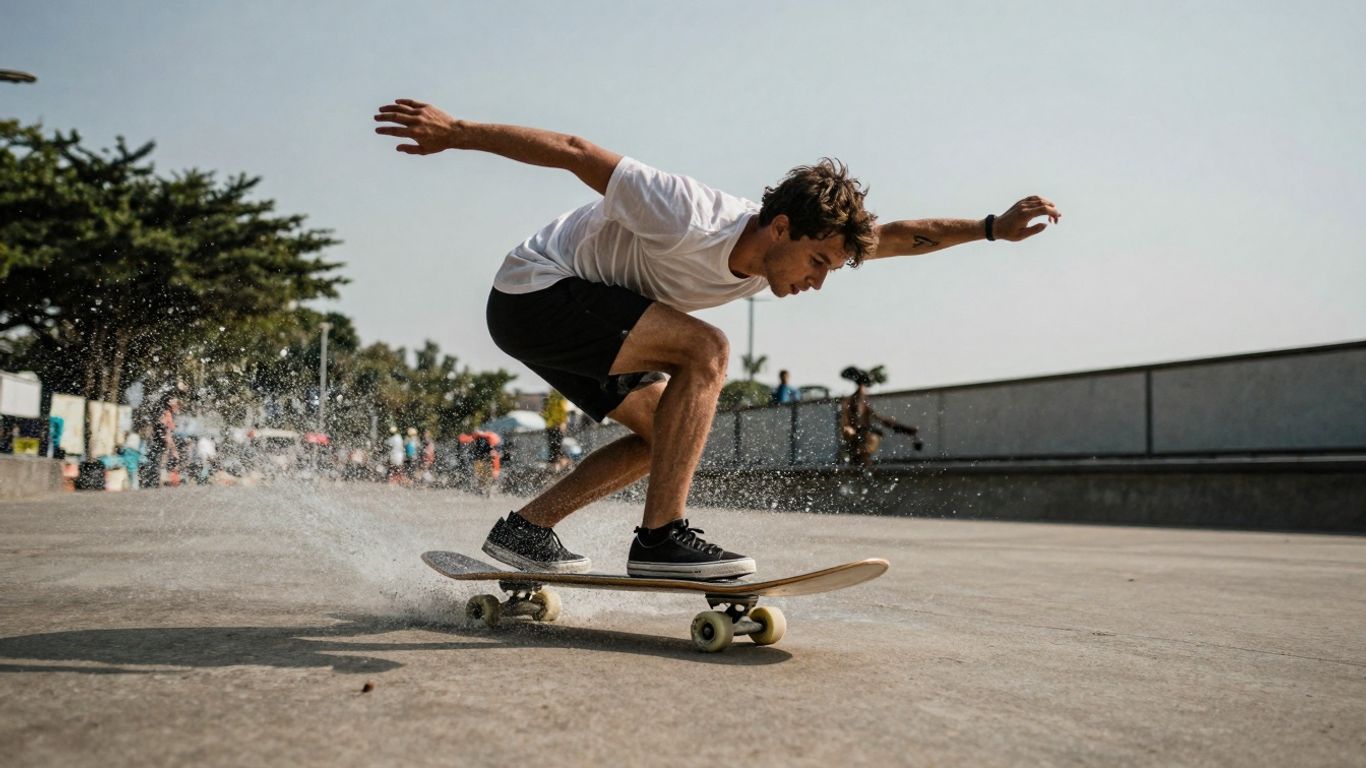 Surfer auf Surfskate macht eine Kurve an Land.