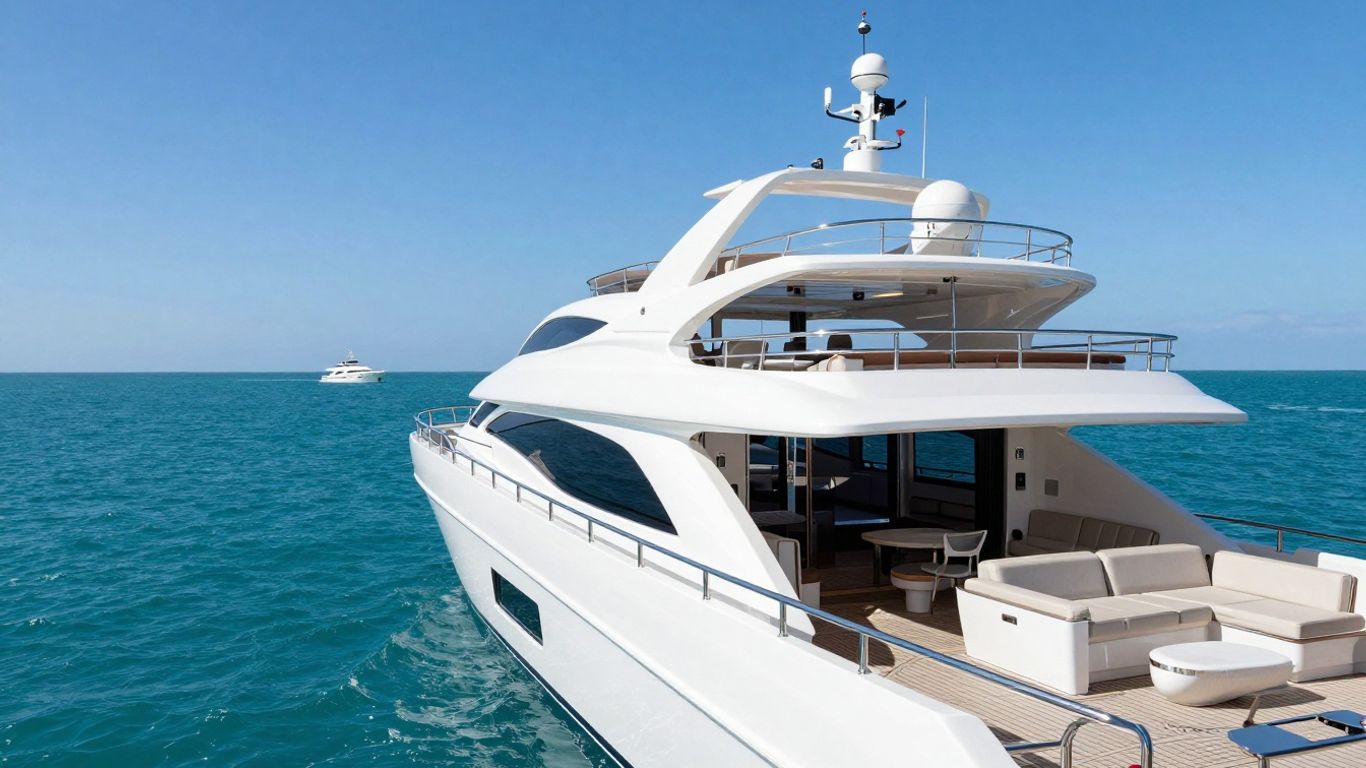 Luxurious yacht sailing on a clear blue ocean.