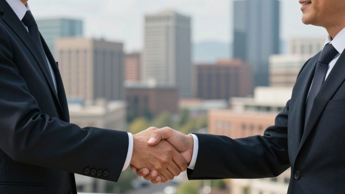 Handshake with Denver skyline background.