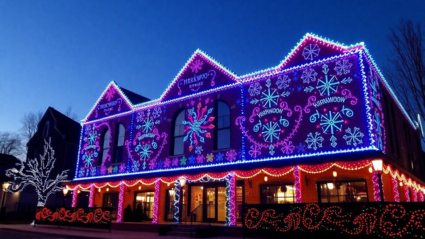 Kirkwood building illuminated with colorful Christmas lights at night.