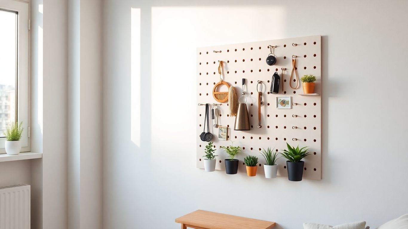 Pegboard with utensils and plants on a flat wall