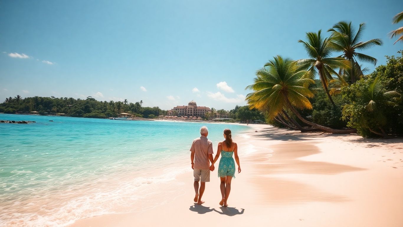 Couple walking on a tropical beach with palm trees.