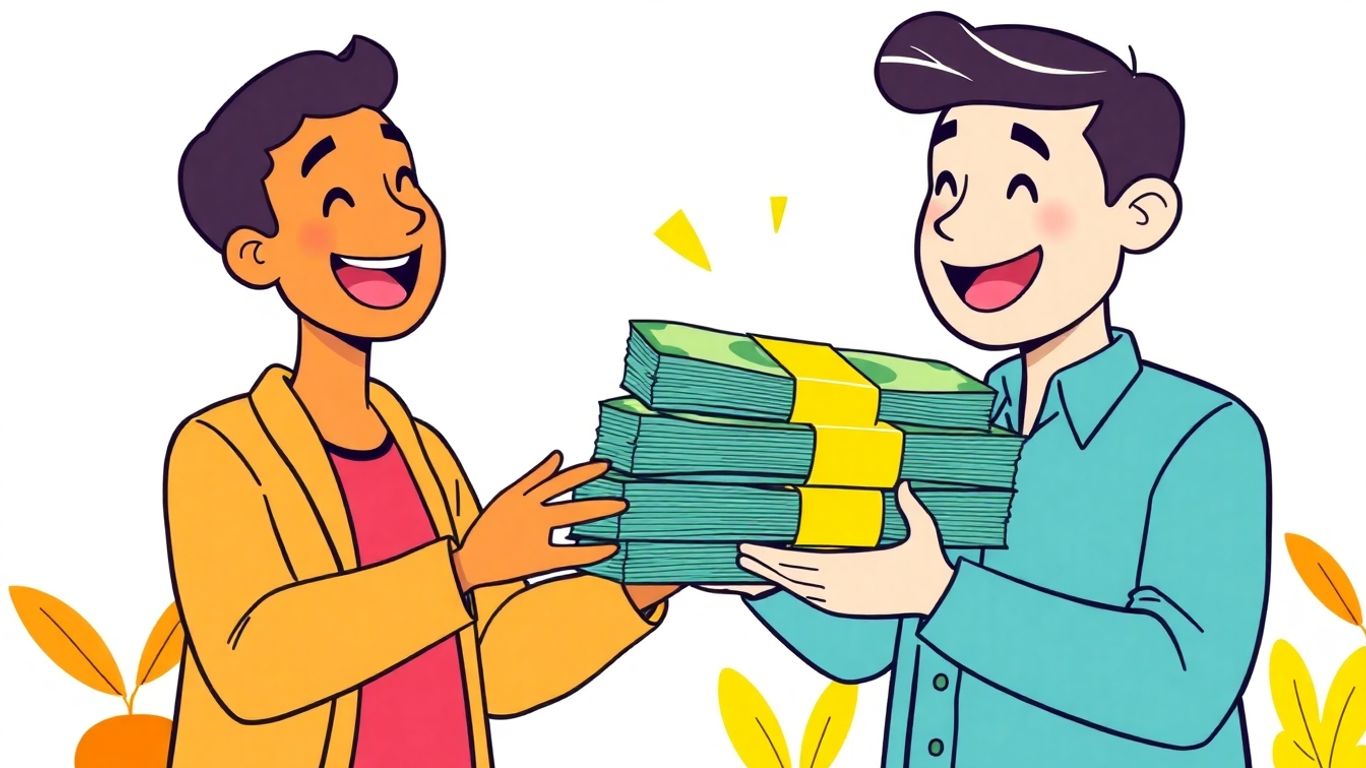 Person receiving cash from lender, cartoon style