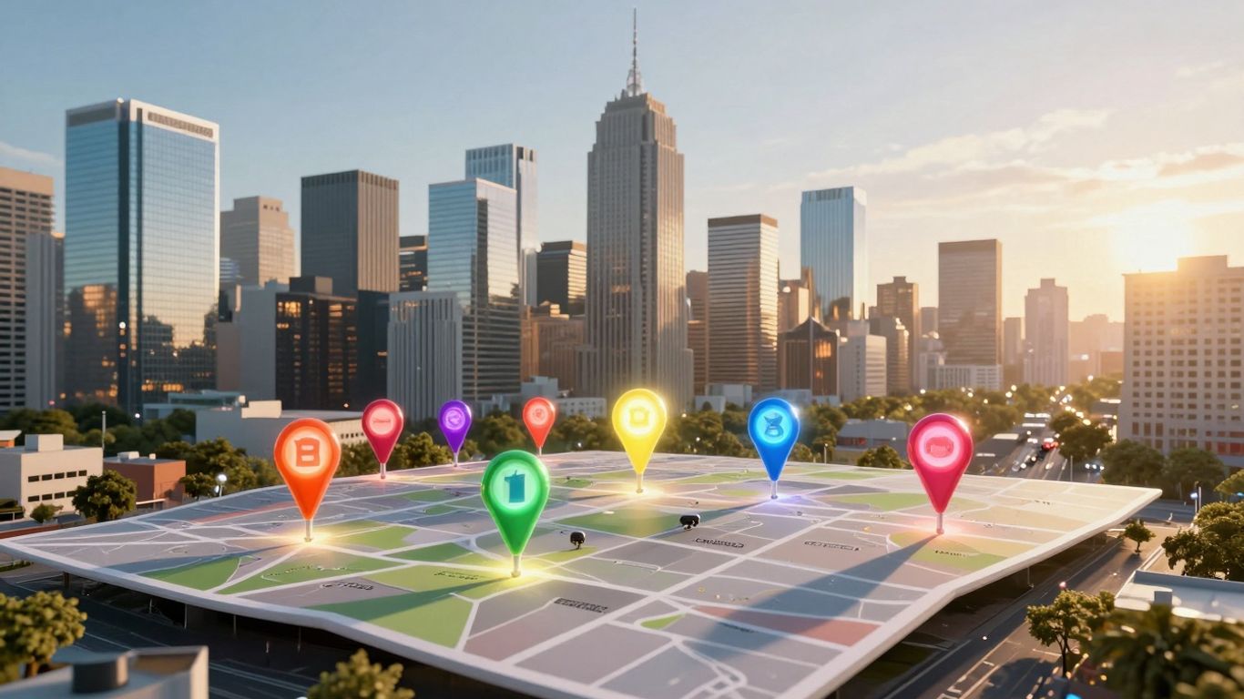 Stadtkarte mit leuchtenden Markierungen für lokale Geschäfte.