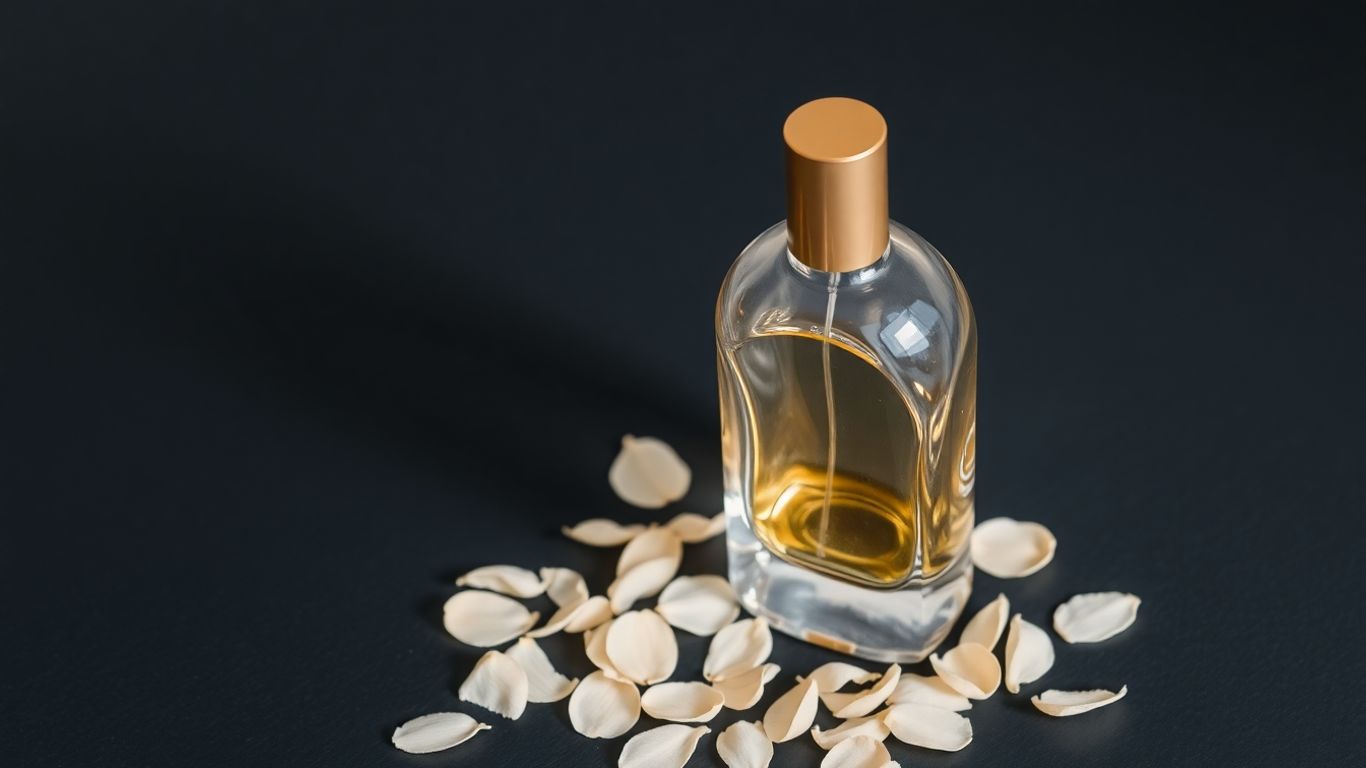 Perfume bottle with flower petals on a dark surface.