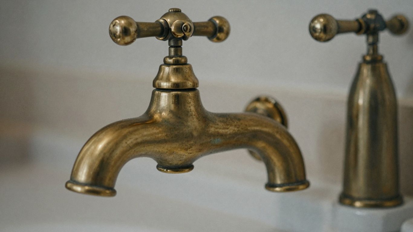 Antique brass bathroom faucet with intricate detailing.