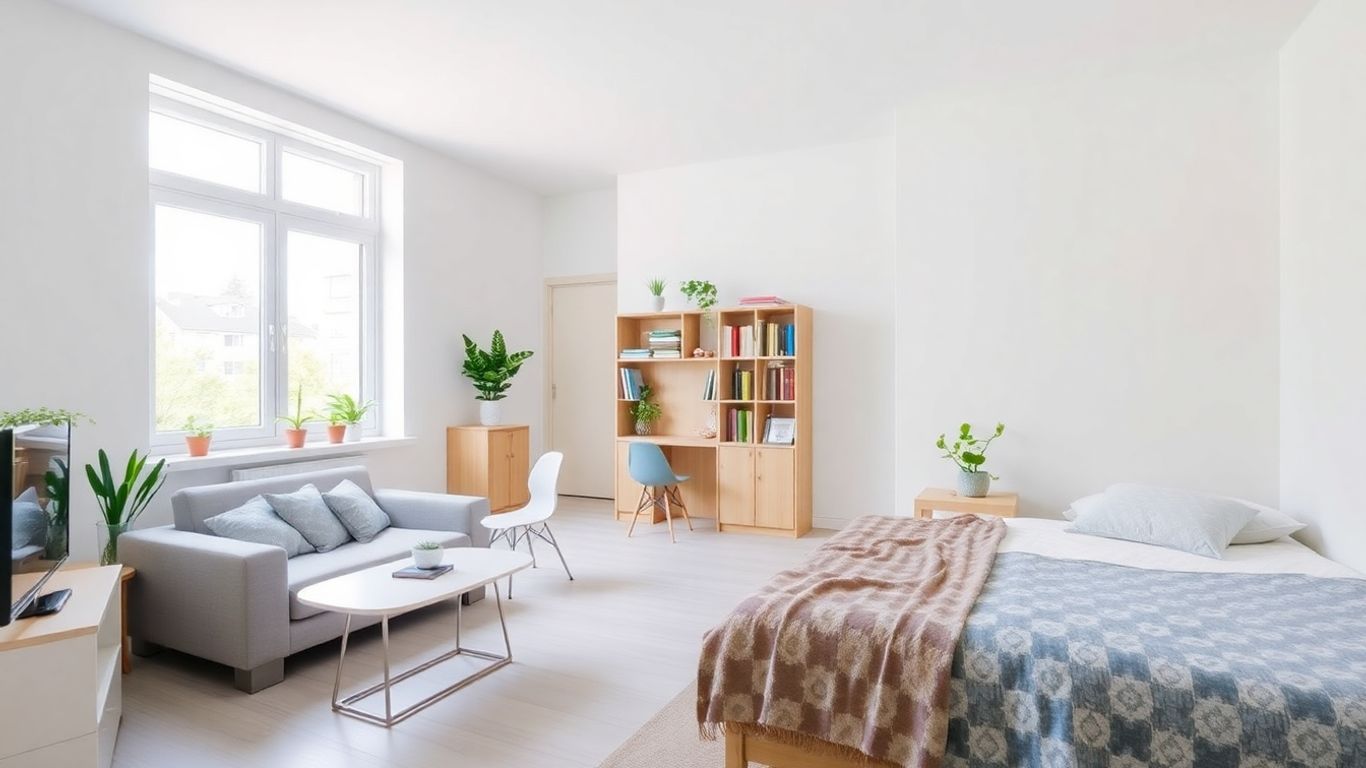 Organised studio flat with distinct living and sleeping zones