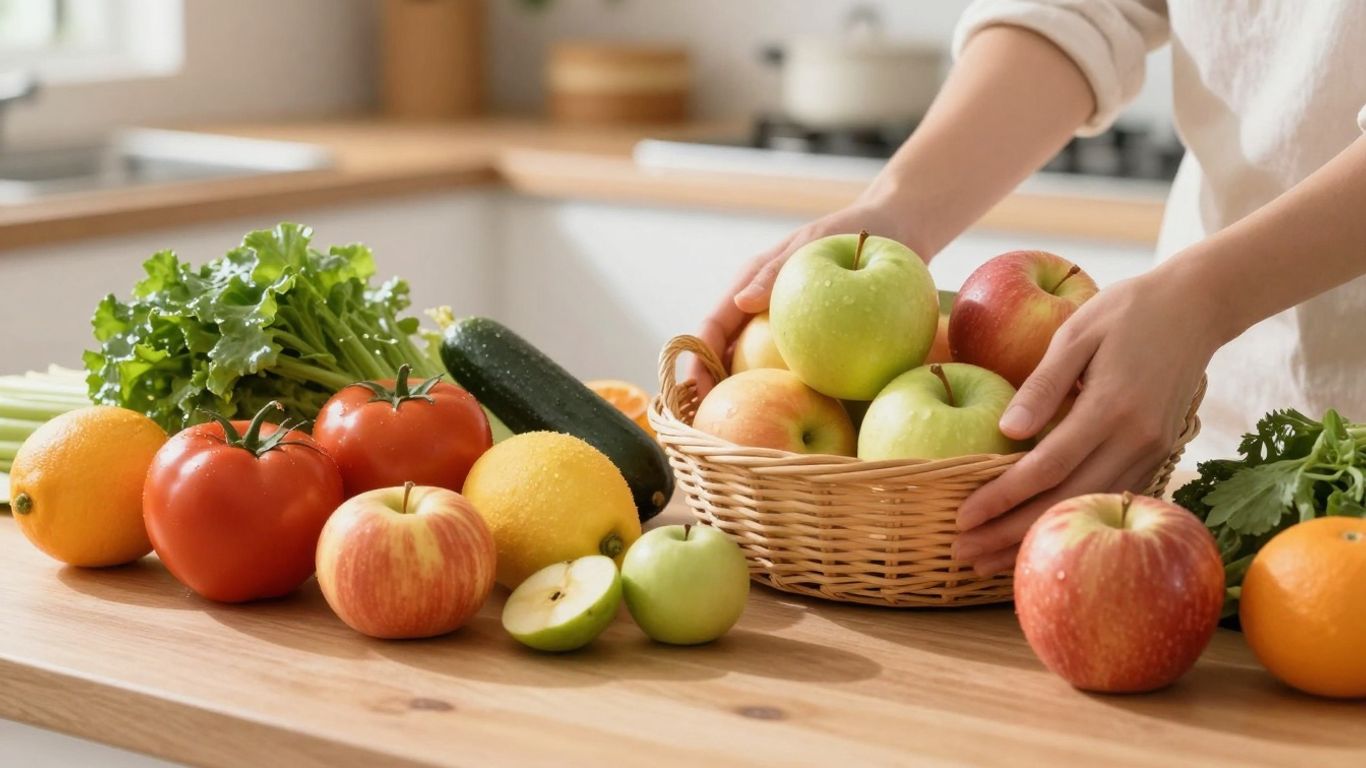 Healthy fruits and vegetables in a kitchen setting.