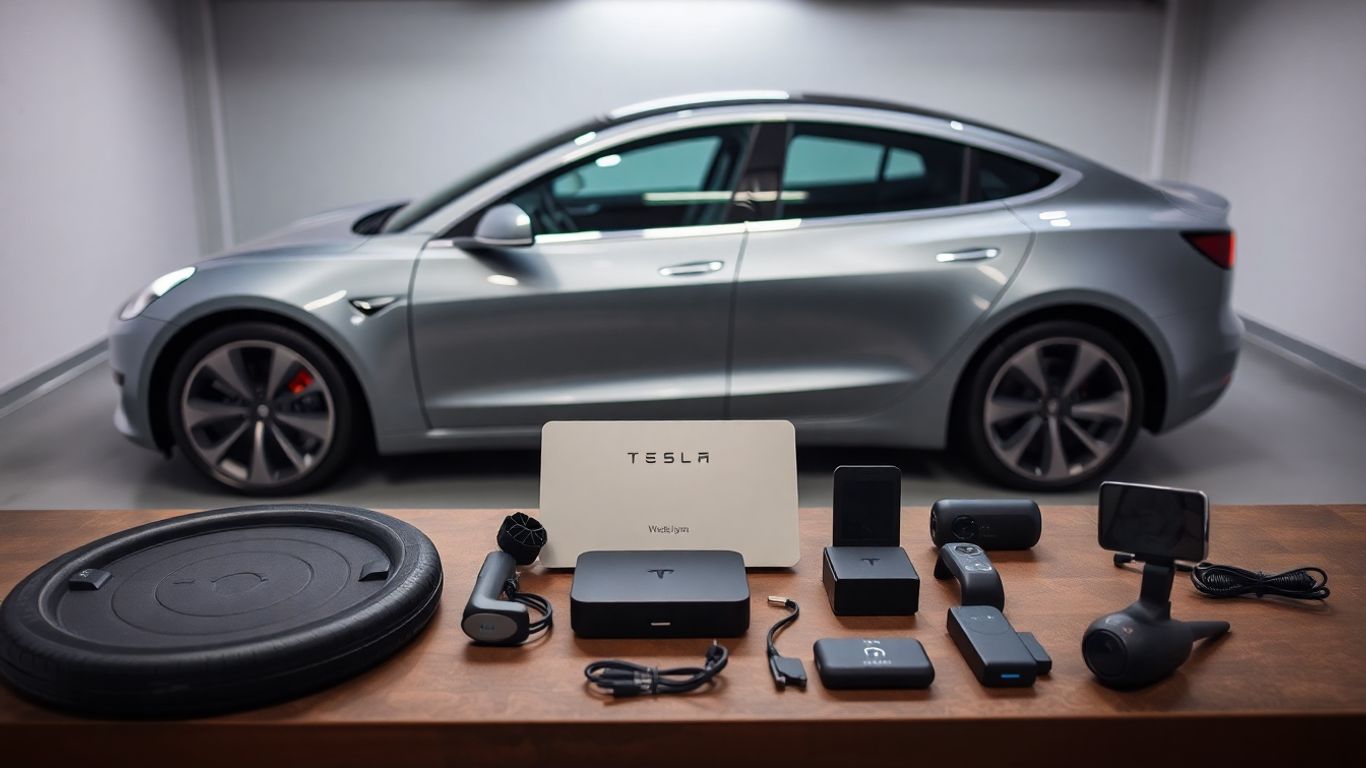 Tesla car with tech accessories in a garage.