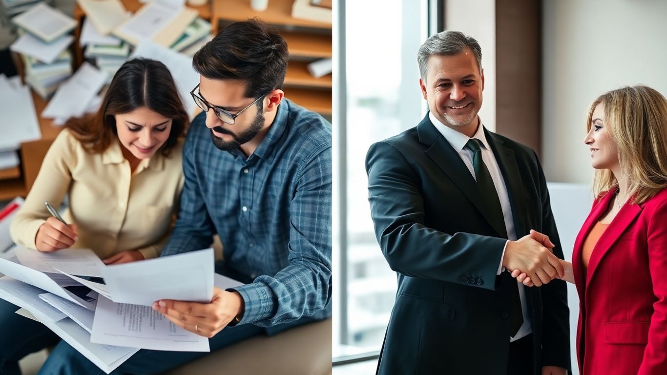 Couple in divorce, lawyer helping resolve dispute.