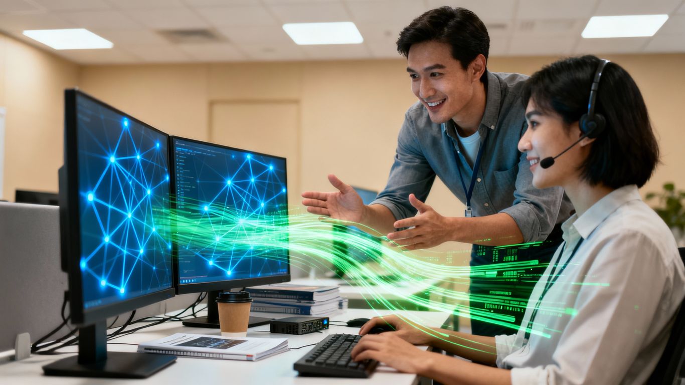 IT help desk technician assisting user with computer support.