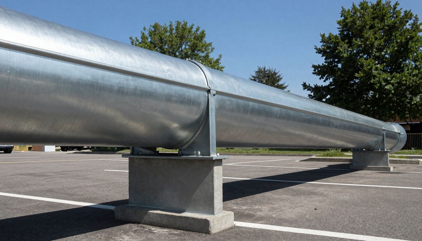 Section of a straight galvanized steel drainage channel installed in a parking lot