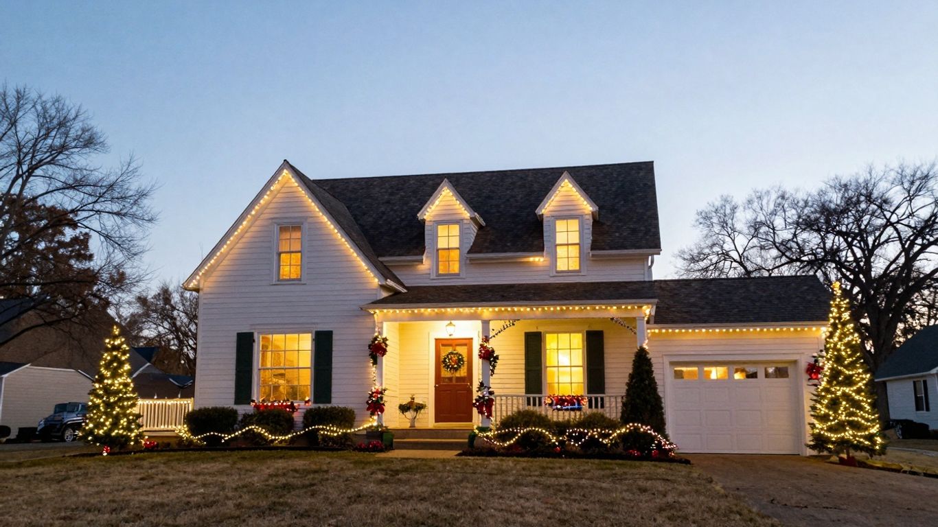 Professionally installed Christmas lights on a house in O'Fallon.