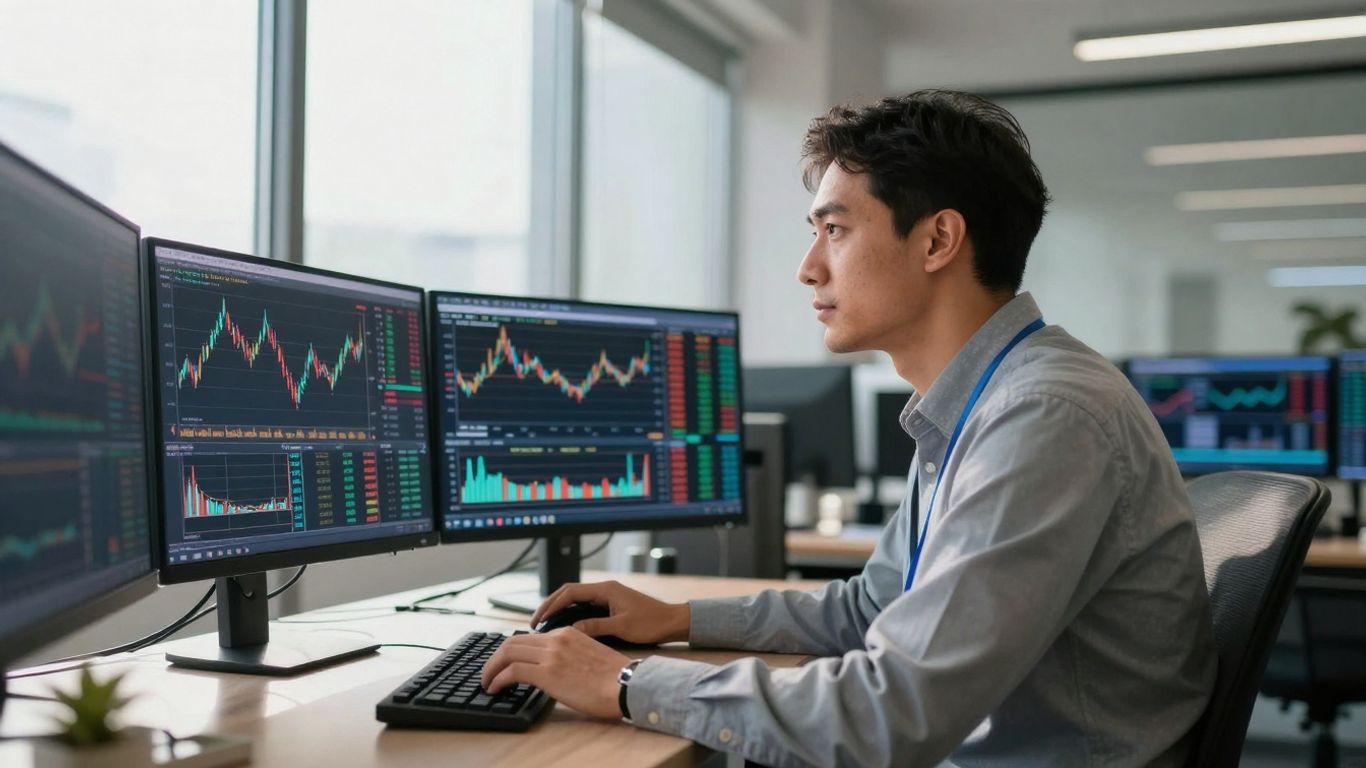 Trader concentré devant des écrans financiers lumineux.