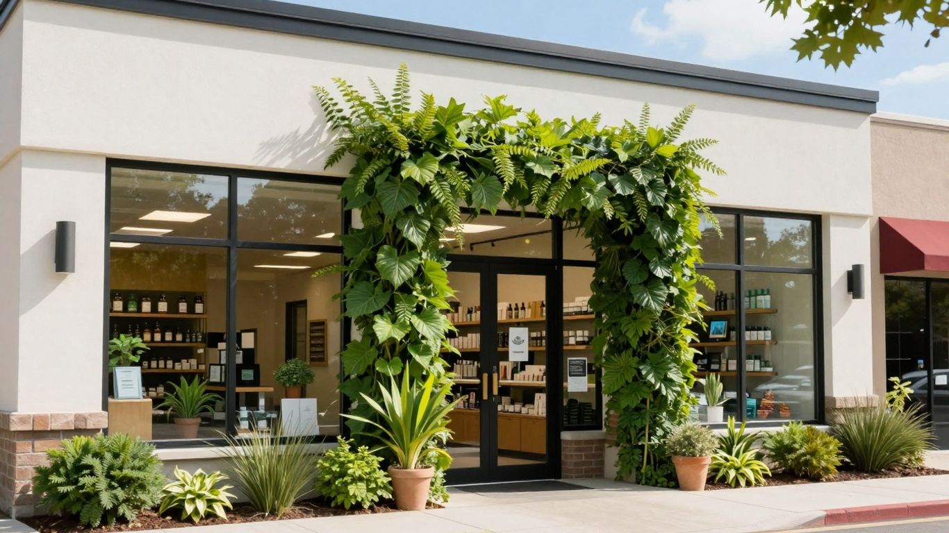 Modern dispensary exterior with green plants and clean architecture.