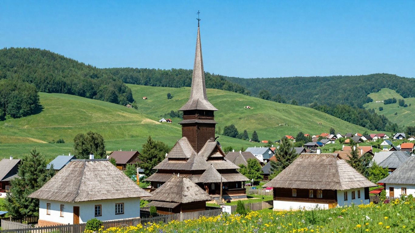 Sat tradițional Maramureșan cu biserici de lemn și munți verzi.