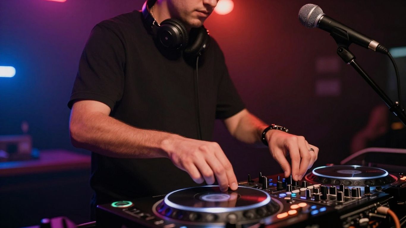 DJ mixing music at a lively event.