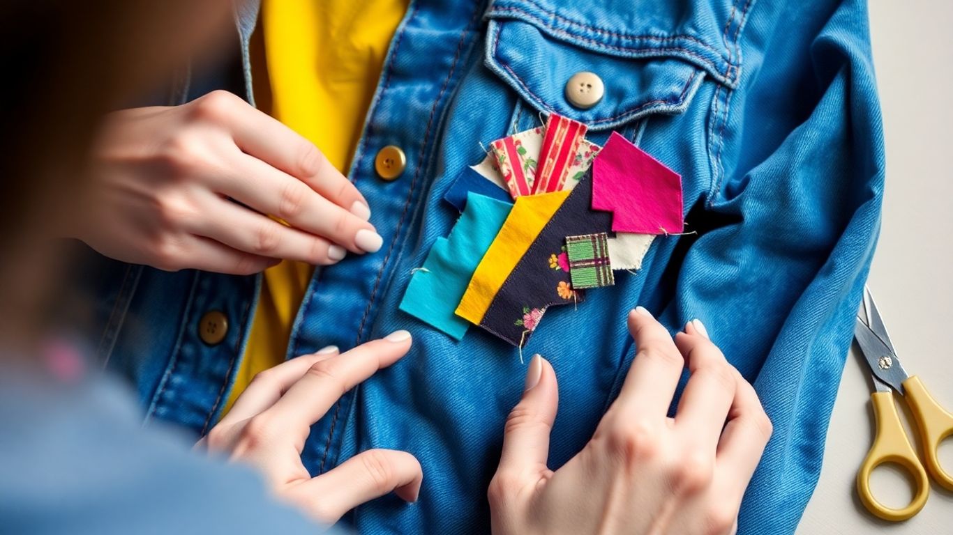 Hands sewing a patch onto a denim jacket.