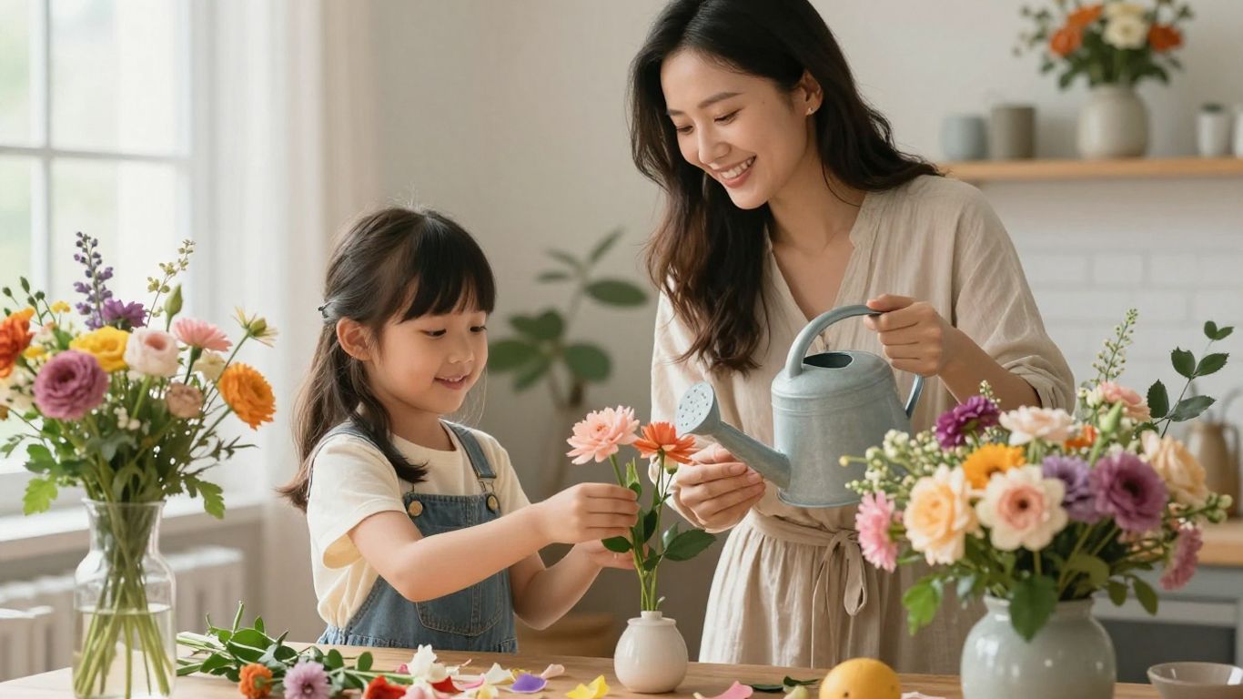 Mother and daughter arranging flowers together.