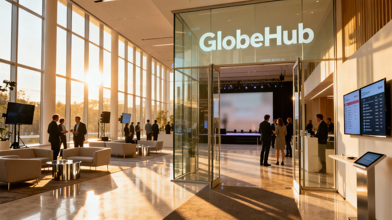Modern conference hall with attendees and stage.