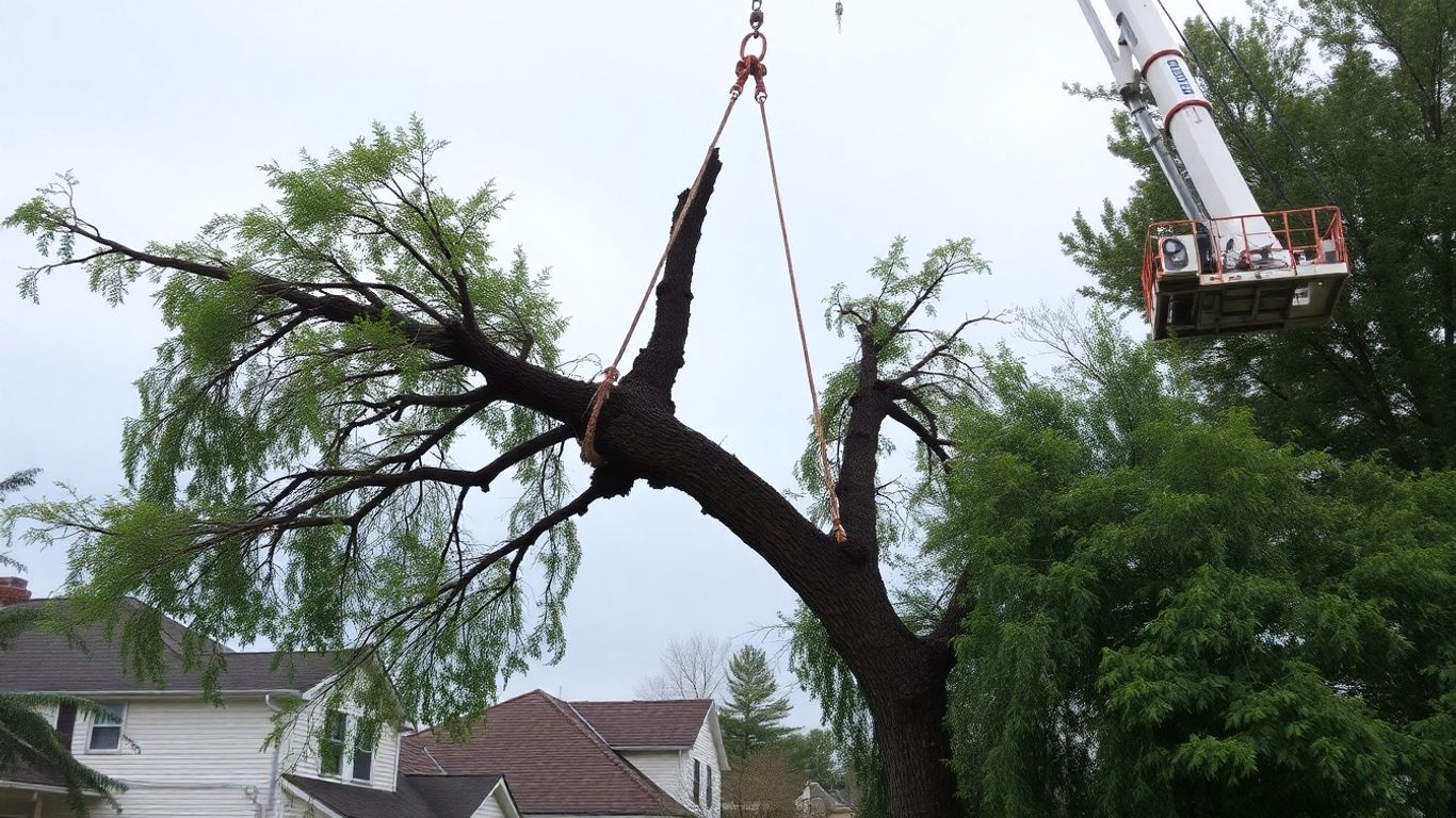 Crane removing storm-damaged tree branch.