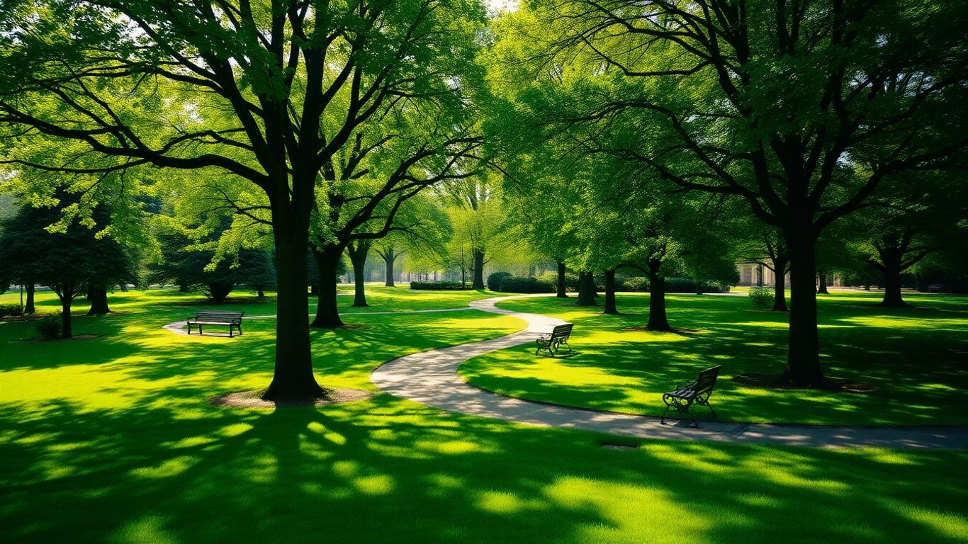 Jalan setapak di taman yang rindang dengan bangku taman.