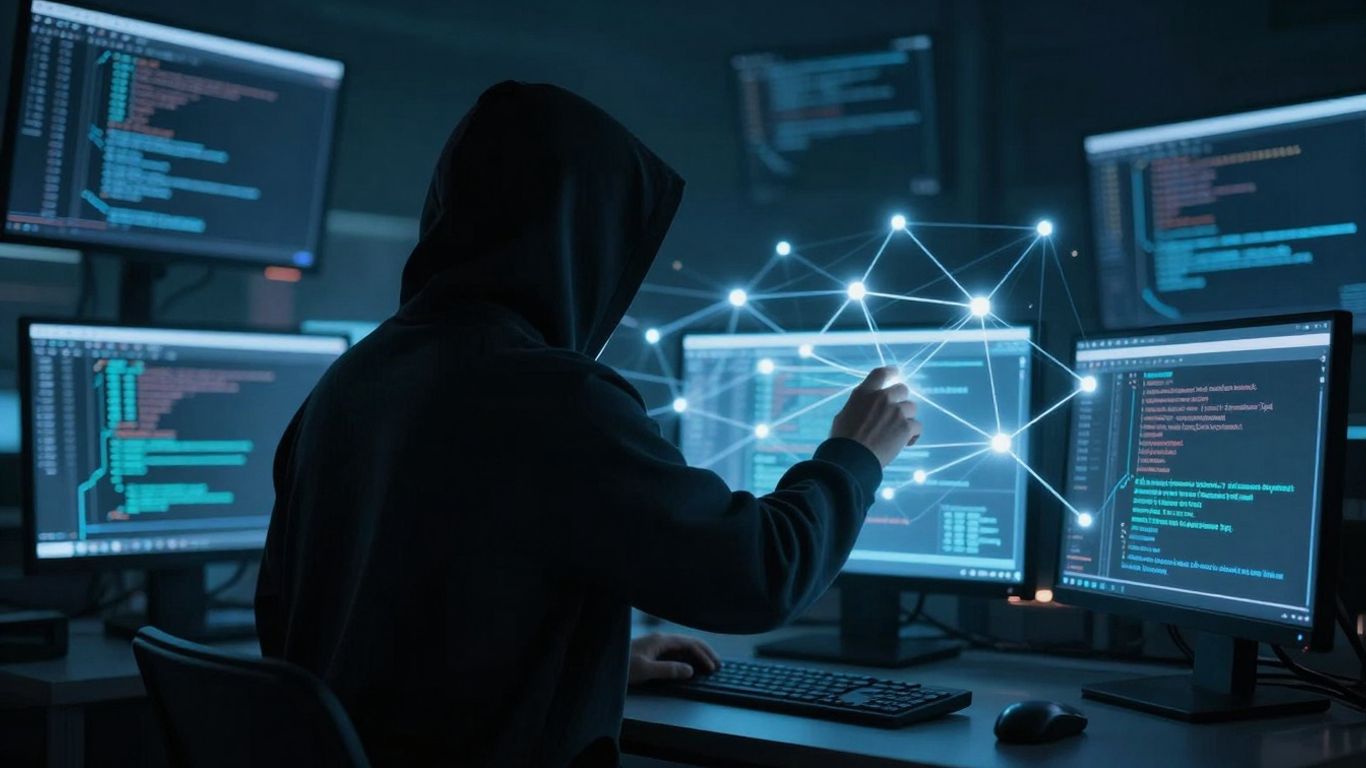 Digital network with shadowy figure controlling connections.