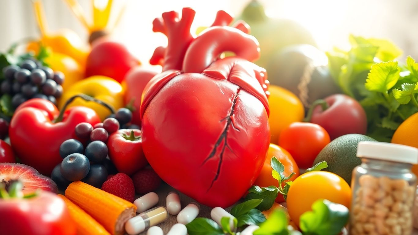 Healthy heart with fruits, vegetables, and supplements.