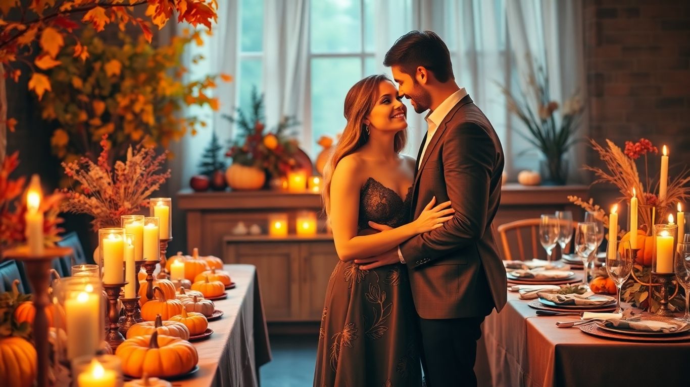 Couple at a Thanksgiving engagement party.