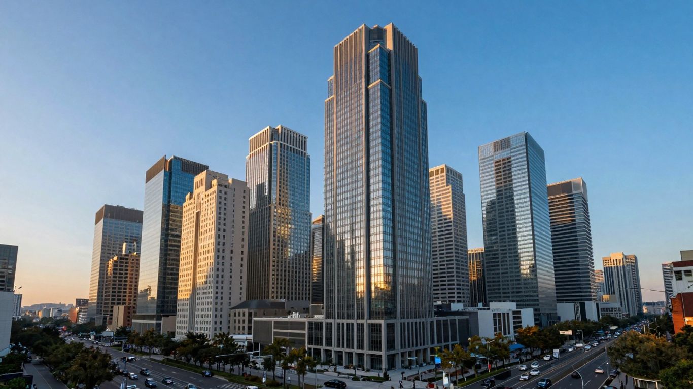 Modern cityscape with skyscrapers and diverse architecture.