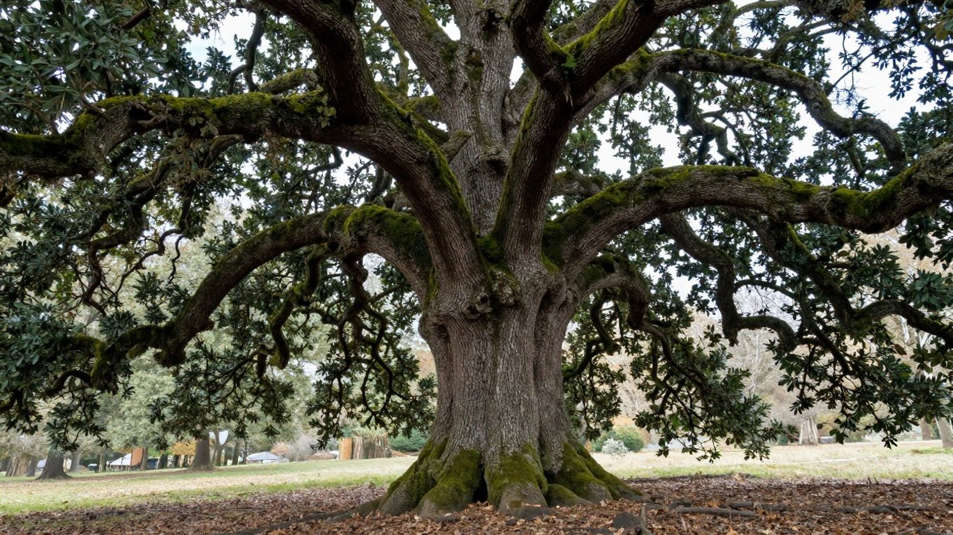 Oude boom met knoestige takken en mos op de stam.