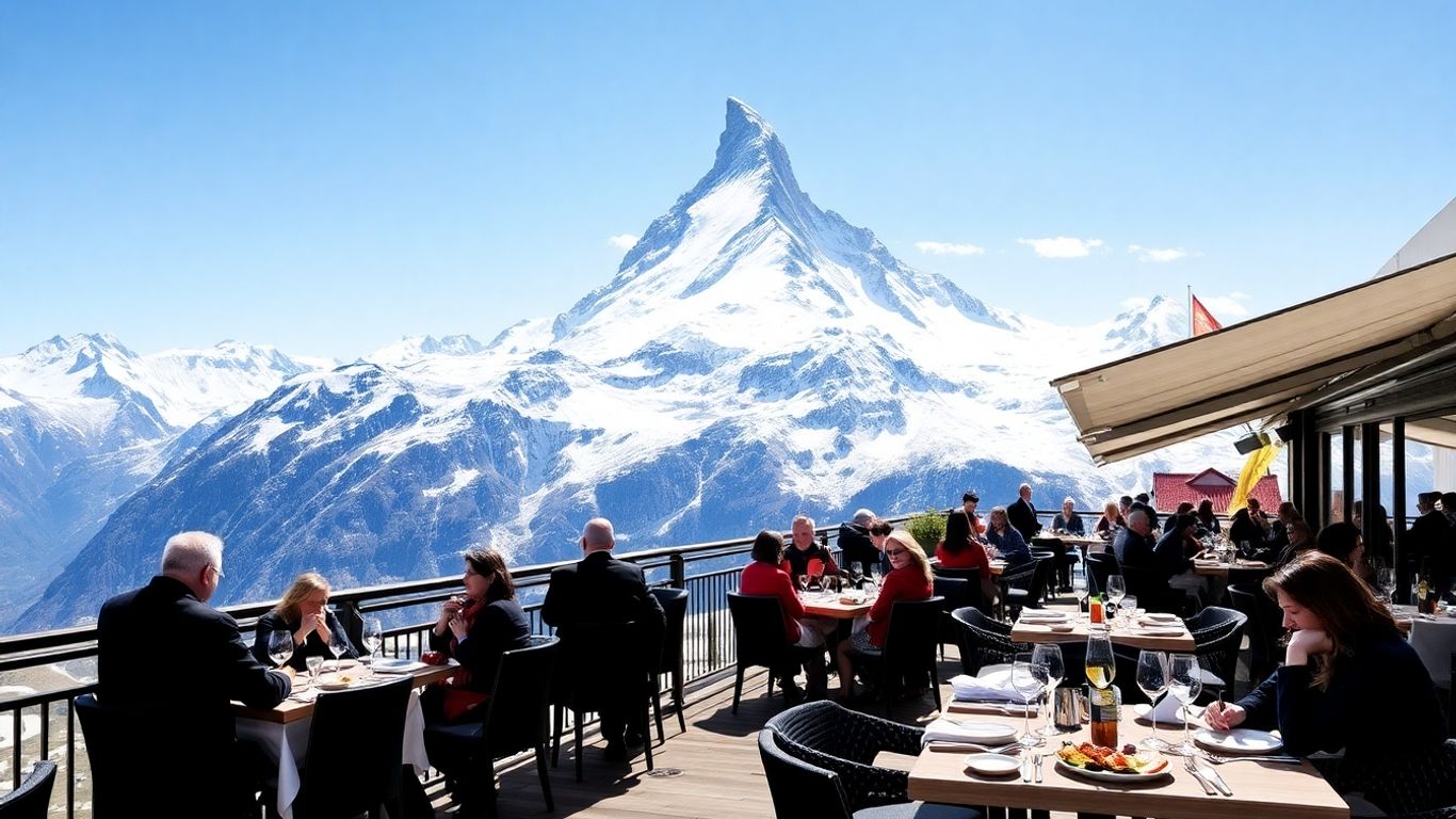 Rent Luxury Holiday Villas Zermatts Majestätisches Erlebnis: Gourmet-Speisen auf dem Berg und exklusive Matterhorn-Abenteuer Gourmet-Dinner mit Matterhornblick in Zermatt.