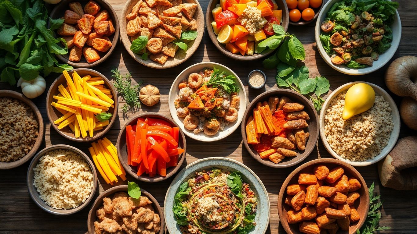 Hearty healthy meals with colorful vegetables and lean proteins.