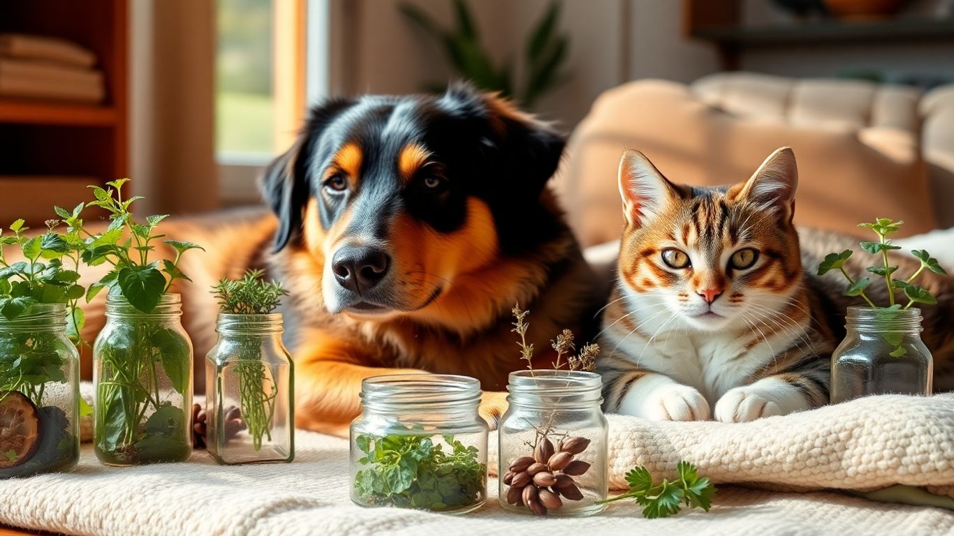 Dog and cat with herbs in peaceful home setting.