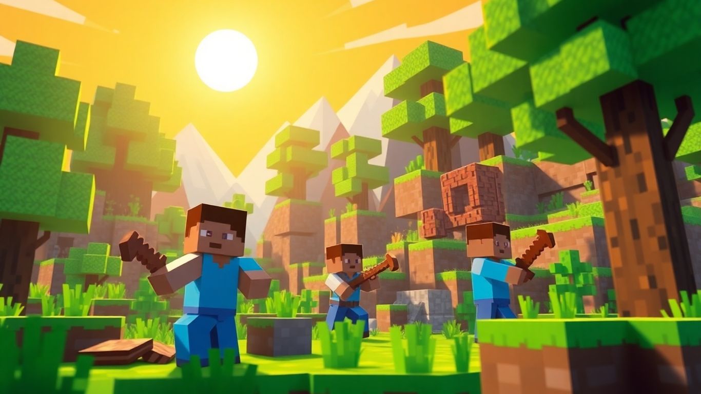 Minecraft players building and mining in a blocky world.