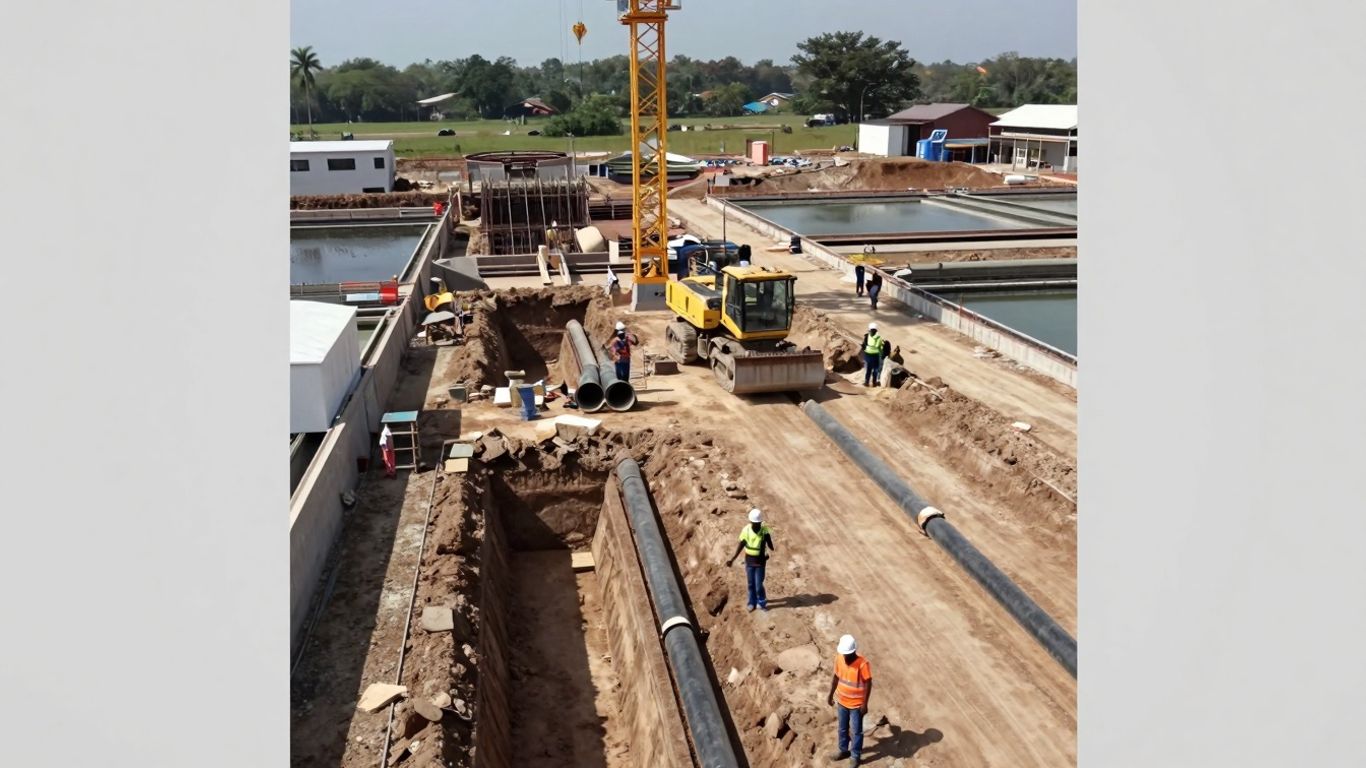 Water infrastructure construction site with cranes and heavy machinery.